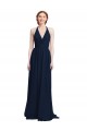 Bleu marine foncé Trapèze Licou Col V Mousseline Longue Robes demoiselle d'honneur Pas Chère