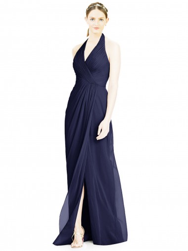 Bleu marine foncé Trapèze Licou Col V Mousseline Longue Robes demoiselle d'honneur Pas Chre