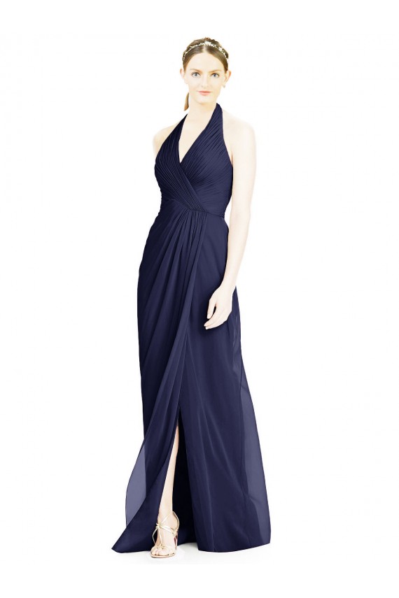 Bleu marine foncé Trapèze Licou Col V Mousseline Longue Robes demoiselle d'honneur Pas Chère