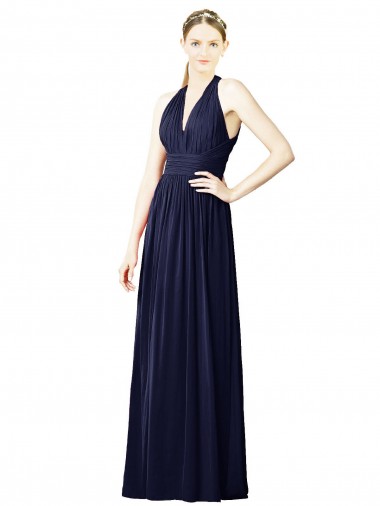 Bleu marine foncé Trapèze Licou Col V Mousseline Longue Robes demoiselle d'honneur Pas Chre