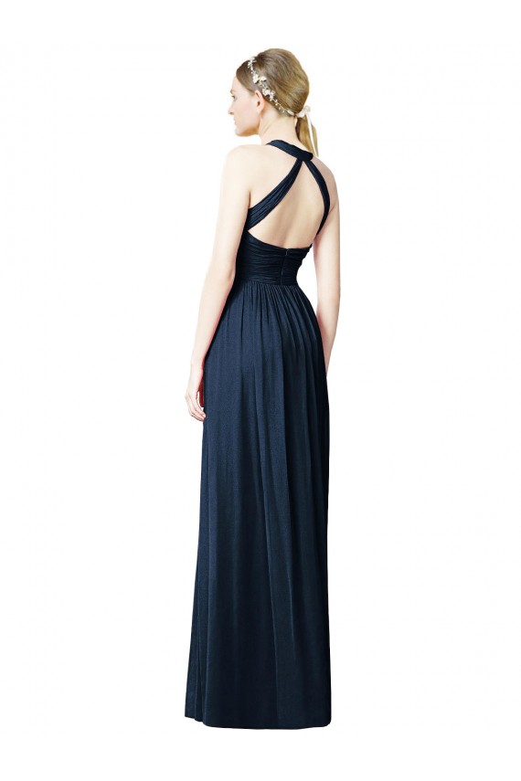 Bleu marine foncé Trapèze Licou Col V Mousseline Longue Robes demoiselle d'honneur Pas Chère