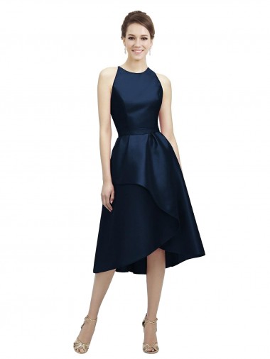 Bleu marine foncé Trapèze Licou Col bijou Satiné Courte Asymétrique Robes demoiselle d'honneur Pas Chre