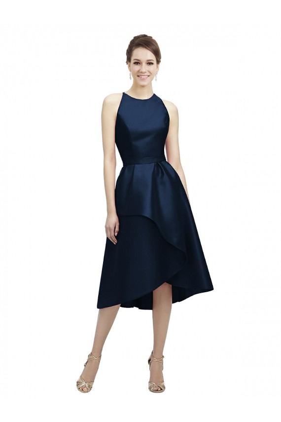 Bleu marine foncé Trapèze Licou Col bijou Satiné Courte Asymétrique Robes demoiselle d'honneur Pas Chère