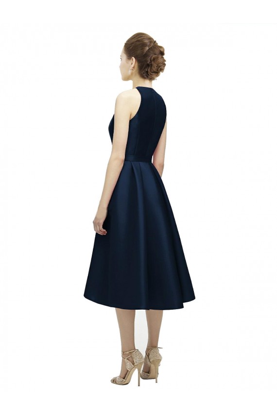 Bleu marine foncé Trapèze Licou Col bijou Satiné Courte Asymétrique Robes demoiselle d'honneur Pas Chère