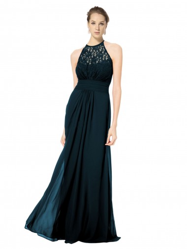 Bleu marine foncé Trapèze Licou Illusion Mousseline Dentelle Longue Robes demoiselle d'honneur Pas Chre