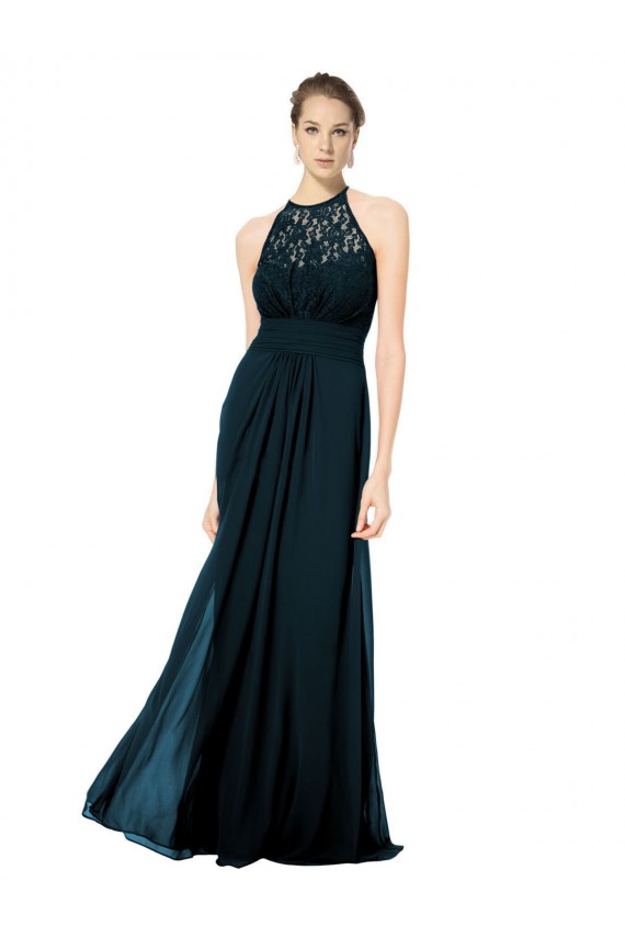 Bleu marine foncé Trapèze Licou Illusion Mousseline Dentelle Longue Robes demoiselle d'honneur Pas Chère