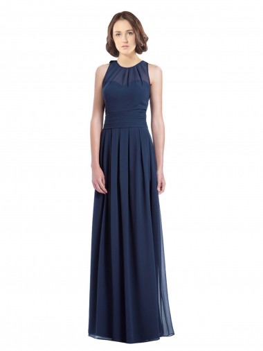 Bleu marine foncé Trapèze Licou Mousseline Longue Robes demoiselle d'honneur Pas Chre