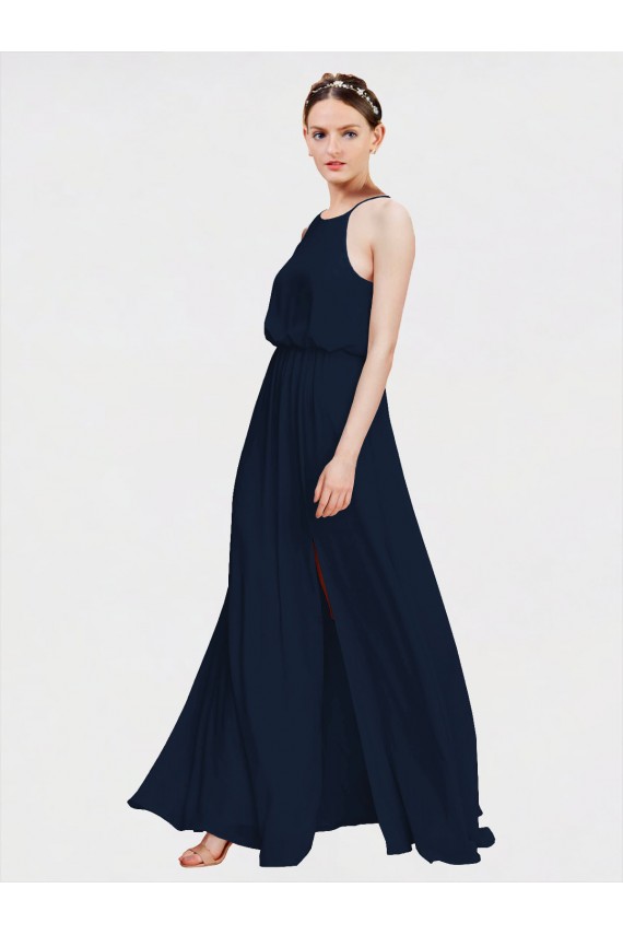 Bleu marine foncé Trapèze Licou Mousseline Longue Robes demoiselle d'honneur Pas Chère