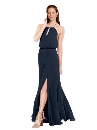 Bleu marine foncé Trapèze Licou Mousseline Longue Robes demoiselle d'honneur Pas Chre