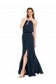 Bleu marine foncé Trapèze Licou Mousseline Longue Robes demoiselle d'honneur Pas Chère