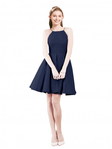 Bleu marine foncé Trapèze Licou Satiné Courte Robes demoiselle d'honneur / Robes de cocktail Pas Chre