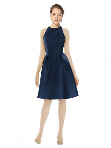 Bleu marine foncé Trapèze Licou Satiné Courte Robes demoiselle d'honneur / Robes de cocktail Pas Chre