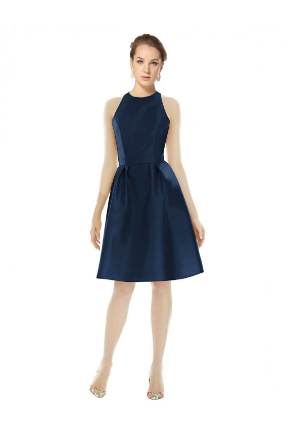 Bleu marine foncé Trapèze Licou Satiné Courte Robes demoiselle d'honneur / Robes de cocktail Pas Chère