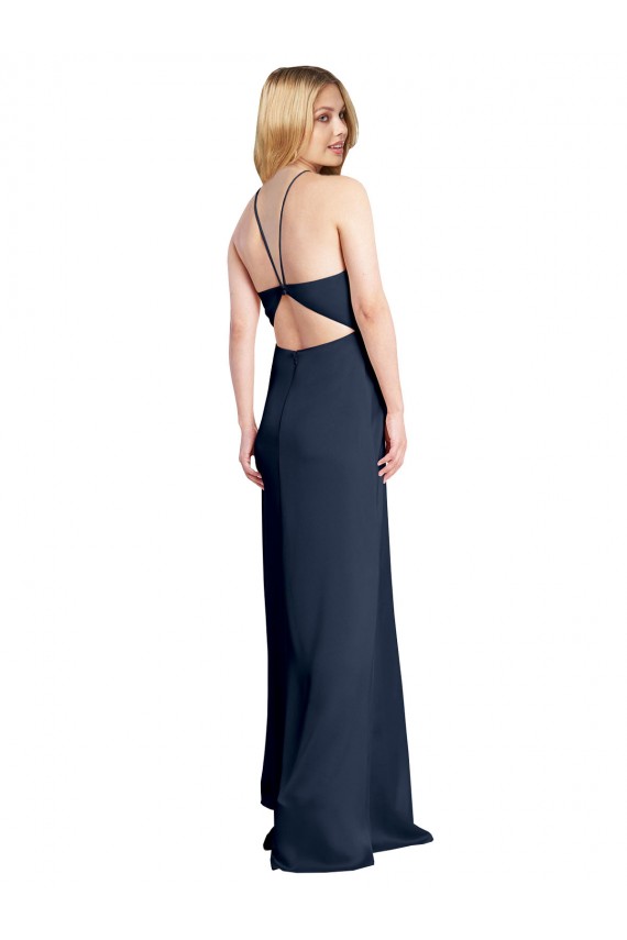 Bleu marine foncé Trapèze Licou Satiné Stretch Longue Formelles Robes demoiselle d'honneur / Robes de soirée / Robes de bal Pas Chère