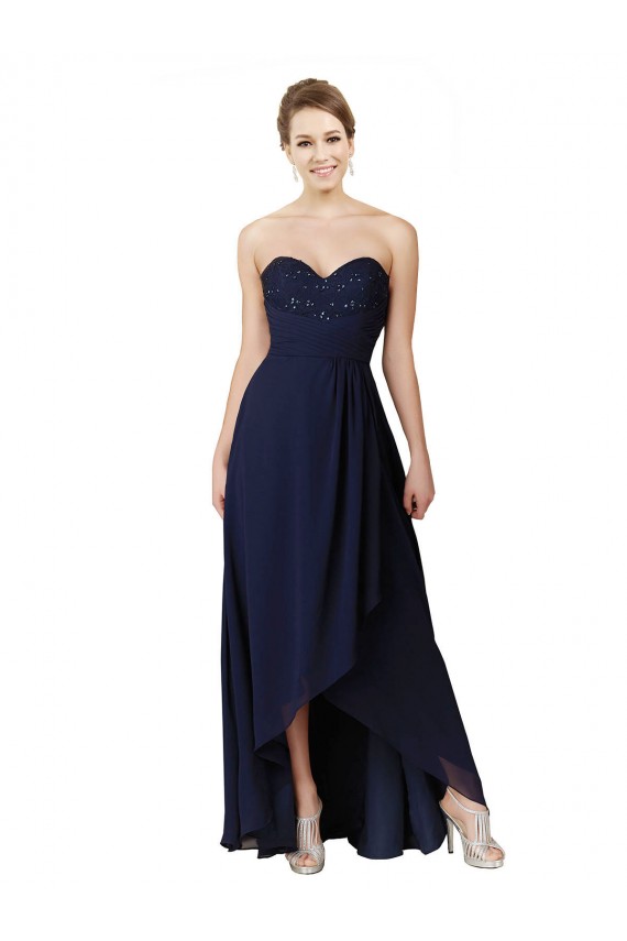 Bleu marine foncé Trapèze Mousseline Longue Asymétrique Robes demoiselle d'honneur Pas Chère