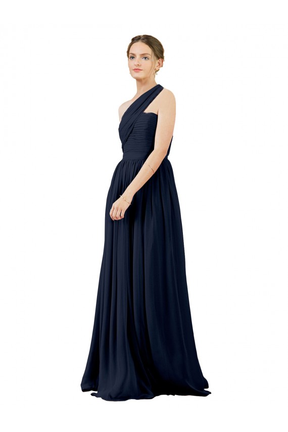 Bleu marine foncé Trapèze Mousseline Longue Robes demoiselle d'honneur Pas Chère