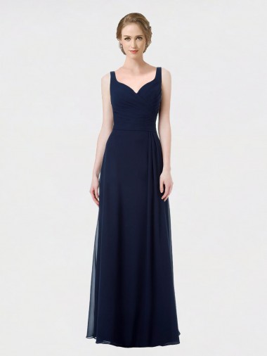 Bleu marine foncé Trapèze Mousseline Longue Robes demoiselle d'honneur Pas Chre