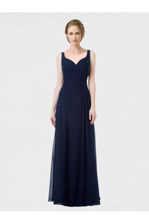 Bleu marine foncé Trapèze Mousseline Longue Robes demoiselle d'honneur Pas Chère