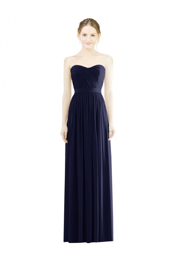 Bleu marine foncé Trapèze Sans bretelle Mousseline Longue Formelles Robes demoiselle d'honneur / Robes de soirée Pas Chère