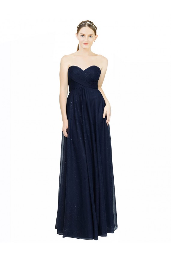 Bleu marine foncé Trapèze Sans bretelle Mousseline Longue Robes demoiselle d'honneur Pas Chère
