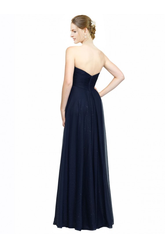 Bleu marine foncé Trapèze Sans bretelle Mousseline Longue Robes demoiselle d'honneur Pas Chère