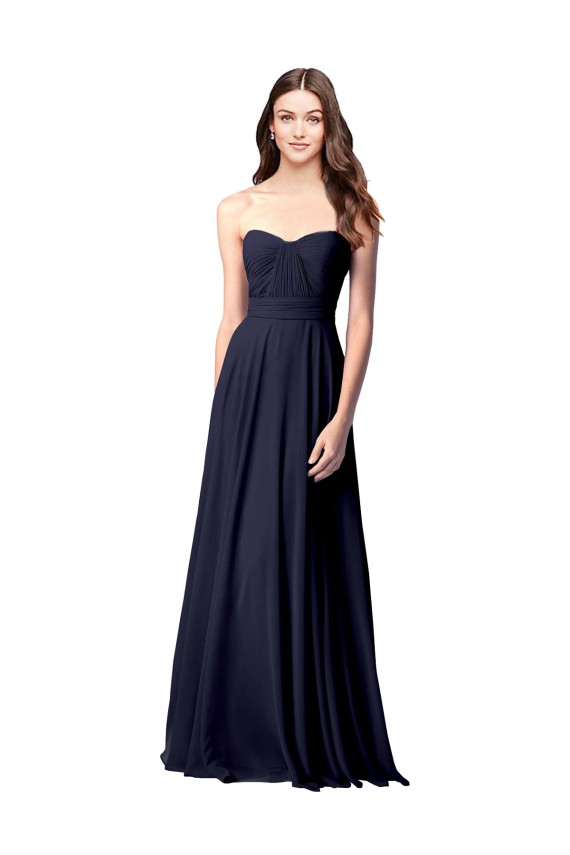 Bleu marine foncé Trapèze Sans bretelle Mousseline Longue Robes demoiselle d'honneur Pas Chère
