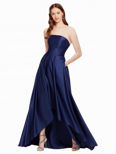 Bleu marine foncé Trapèze Sans bretelle Satiné Longue Asymétrique Formelles Robes demoiselle d'honneur / Robes de soirée / Robes de bal Pas Chre