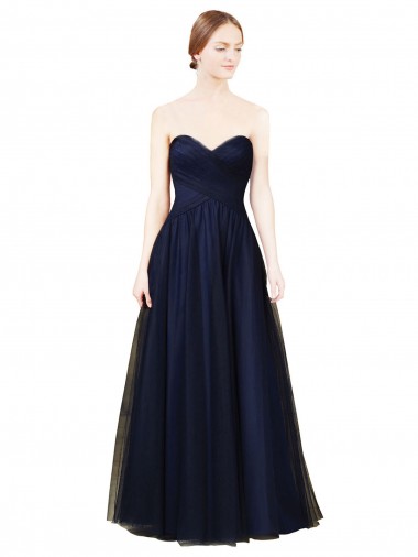 Bleu marine foncé Trapèze Sans bretelle Tulle Longue Robes demoiselle d'honneur Pas Chre