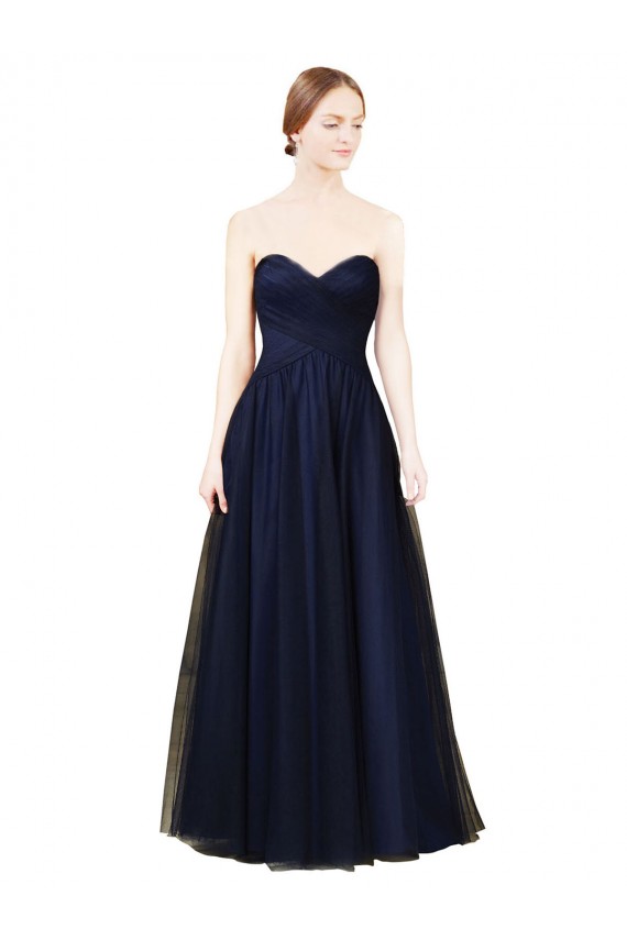 Bleu marine foncé Trapèze Sans bretelle Tulle Longue Robes demoiselle d'honneur Pas Chère