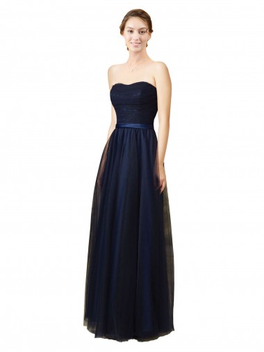 Bleu marine foncé Trapèze Sans bretelle Tulle Longue Robes demoiselle d'honneur Pas Chre