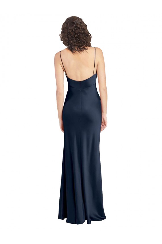Bleu marine foncé Trapèze Satiné Stretch Longue Formelles Robes demoiselle d'honneur / Robes de soirée / Robes de bal Pas Chère