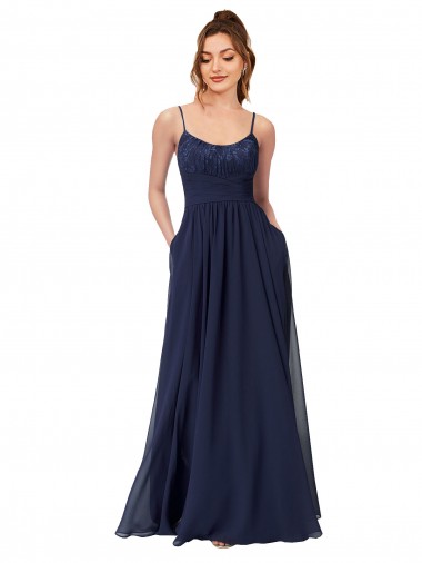 Bleu marine foncé Trapèze Scoop Mousseline Dentelle Longue Robes demoiselle d'honneur Pas Chre
