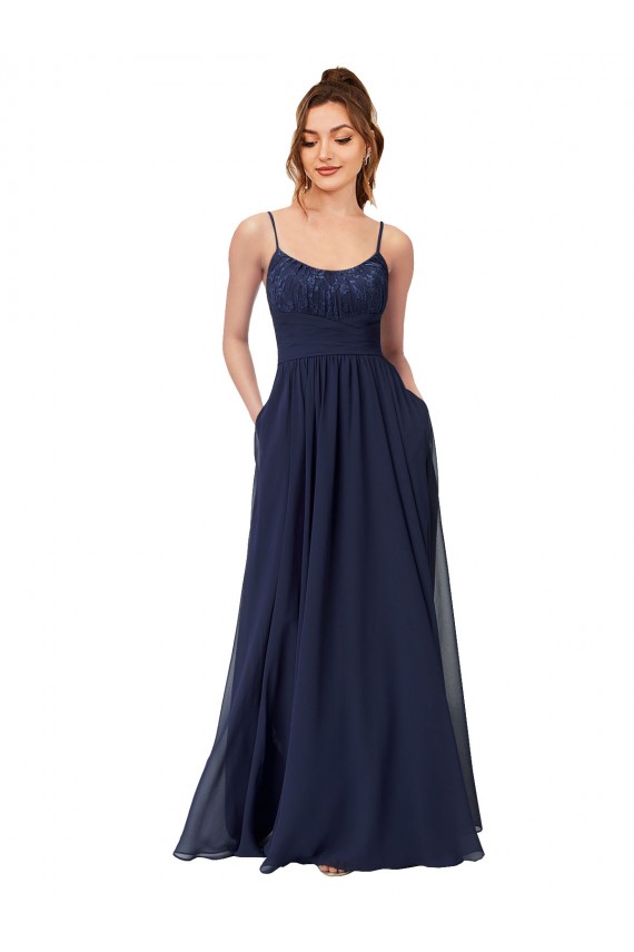 Bleu marine foncé Trapèze Scoop Mousseline Dentelle Longue Robes demoiselle d'honneur Pas Chère