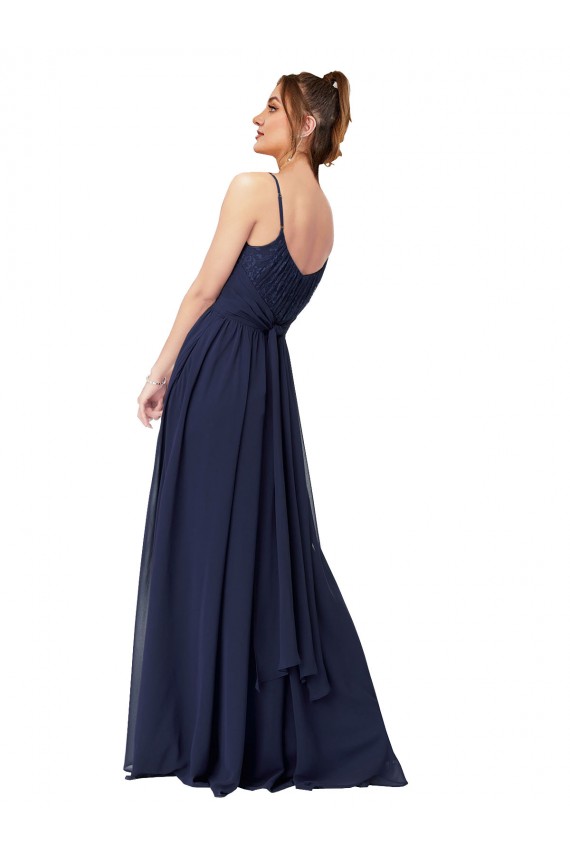 Bleu marine foncé Trapèze Scoop Mousseline Dentelle Longue Robes demoiselle d'honneur Pas Chère