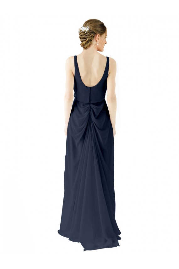 Bleu marine foncé Trapèze Scoop Mousseline Longue Robes demoiselle d'honneur Pas Chère