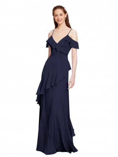 Bleu marine foncé Trapèze Épaule Dénudée Bretelles spaghetti Mousseline Longue Robes demoiselle d'honneur Pas Chre