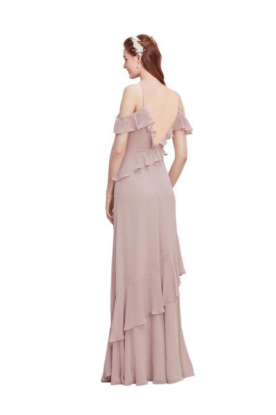 Bleu marine foncé Trapèze Épaule Dénudée Bretelles spaghetti Mousseline Longue Robes demoiselle d'honneur Pas Chère