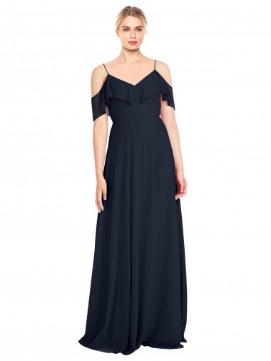 Bleu marine foncé Trapèze Épaule Dénudée Bretelles spaghetti Mousseline Longue Robes demoiselle d'honneur Pas Chre