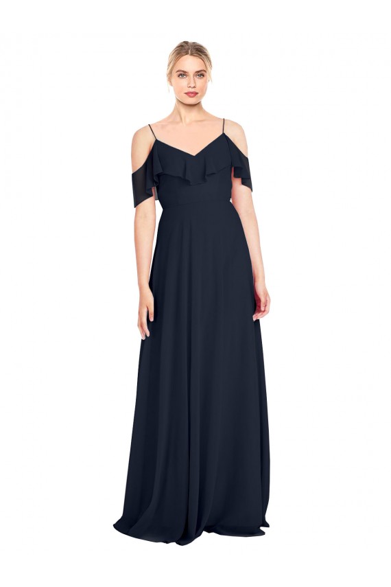Bleu marine foncé Trapèze Épaule Dénudée Bretelles spaghetti Mousseline Longue Robes demoiselle d'honneur Pas Chère