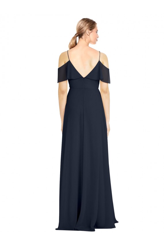Bleu marine foncé Trapèze Épaule Dénudée Bretelles spaghetti Mousseline Longue Robes demoiselle d'honneur Pas Chère