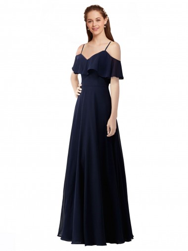 Bleu marine foncé Trapèze Épaule Dénudée Col V Mousseline Longue Robes demoiselle d'honneur Pas Chre