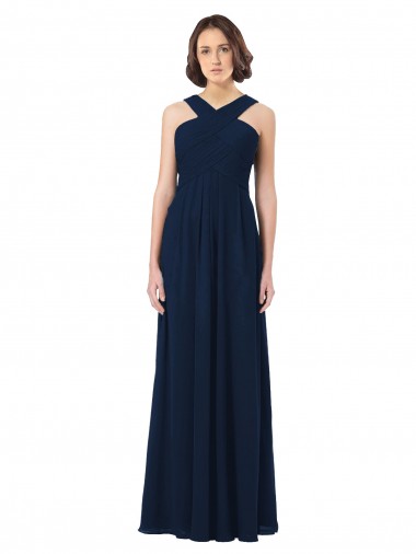 Bleu marine foncé Trapèze Épaule Dénudée Mousseline Longue Robes demoiselle d'honneur Pas Chre