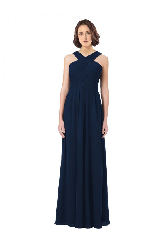 Bleu marine foncé Trapèze Épaule Dénudée Mousseline Longue Robes demoiselle d'honneur Pas Chère