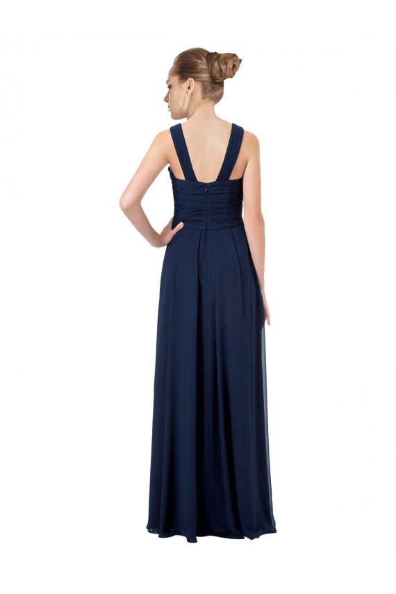 Bleu marine foncé Trapèze Épaule Dénudée Mousseline Longue Robes demoiselle d'honneur Pas Chère
