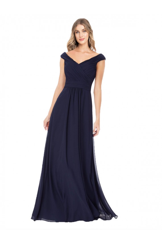 Bleu marine foncé Trapèze Épaule Dénudée Mousseline Longue Robes demoiselle d'honneur Pas Chère
