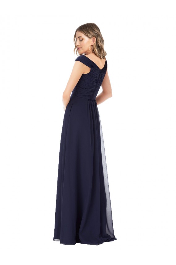 Bleu marine foncé Trapèze Épaule Dénudée Mousseline Longue Robes demoiselle d'honneur Pas Chère