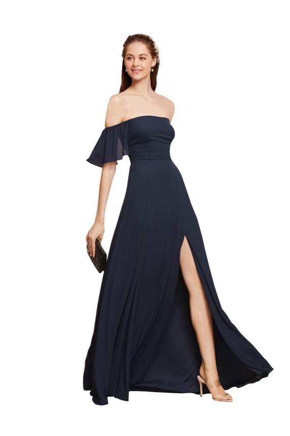 Bleu marine foncé Trapèze Épaule Dénudée Mousseline Longue Robes demoiselle d'honneur / Robes de bal Pas Chère