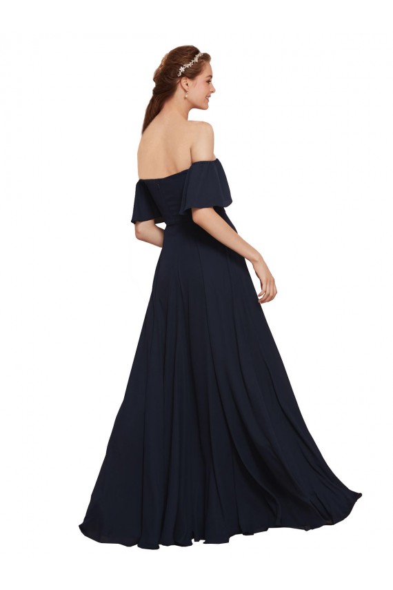 Bleu marine foncé Trapèze Épaule Dénudée Mousseline Longue Robes demoiselle d'honneur / Robes de bal Pas Chère