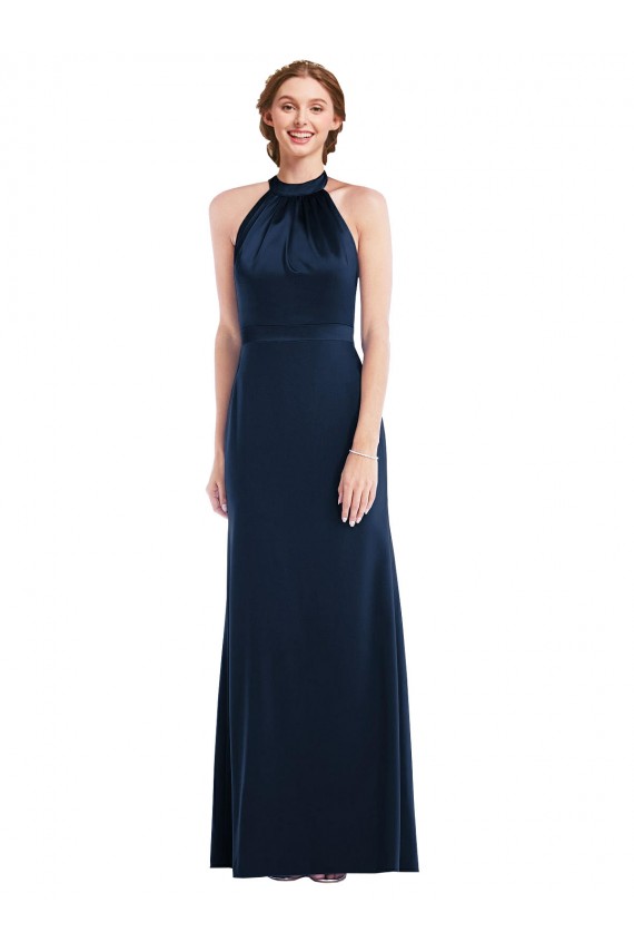Bleu marine foncé Trompette Col Haut Crêpe Stretch Longue Robes demoiselle d'honneur / Robes de bal Pas Chère