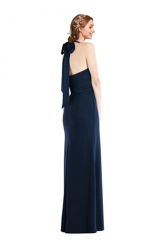 Bleu marine foncé Trompette Col Haut Crêpe Stretch Longue Robes demoiselle d'honneur / Robes de bal Pas Chère
